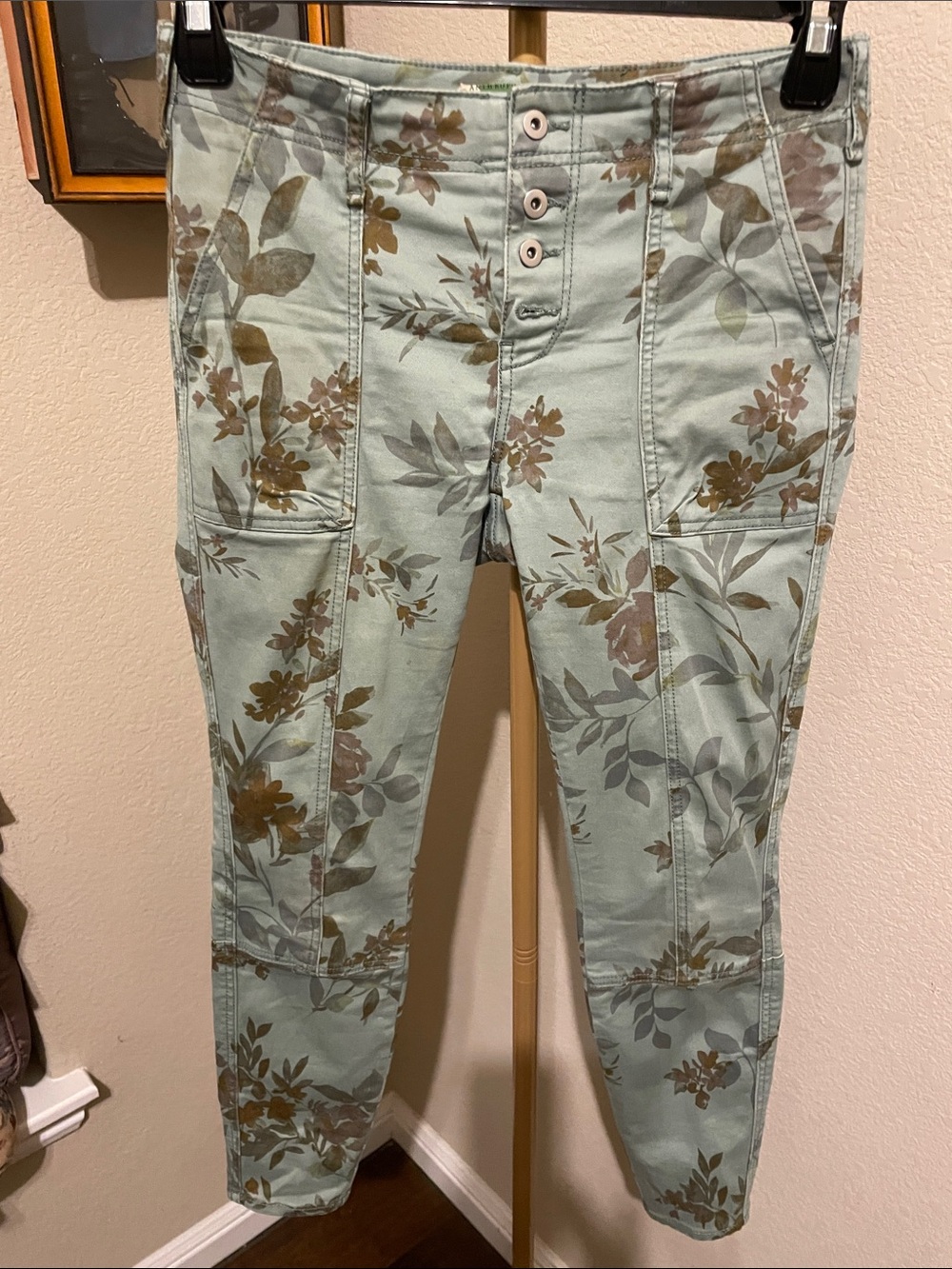 Anthropologie Sage Green Floral Button-Front Cropped Jeans